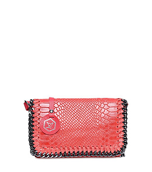 Червена дамска кожена чанта с верижка  снимка