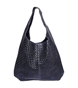 Тъмносиня дамска кожена чанта с релеф снимка