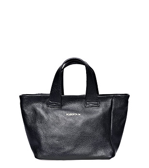 Черна трапецовидна кожена дамска чанта снимка