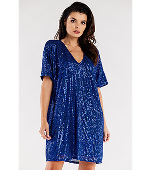 Синя рокля с пайети с къс ръкав Rita снимка