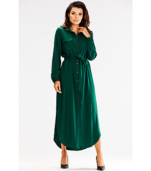 Дълга тъмнозелена рокля с копчета Brita снимка