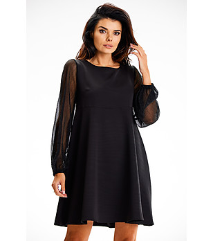 Черна рокля с дълги, ефирни ръкави Fara снимка