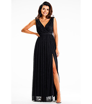 Черна дълга рокля с метализирани нишки Vicky снимка