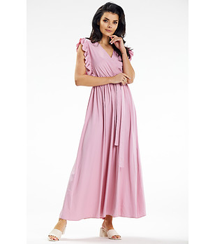 Розова дълга рокля с къдрички Rita снимка