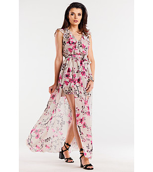 Дълга рокля в принт черешов цвят Elif снимка