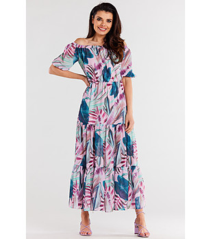 Дълга шифонена рокля в розово и синьо с принт Ohara снимка