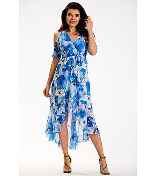 Асиметрична рокля от тюл в бяло и синьо Lesli снимка