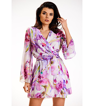 Къса рокля с флорален принт в розово и лилаво Vivi снимка
