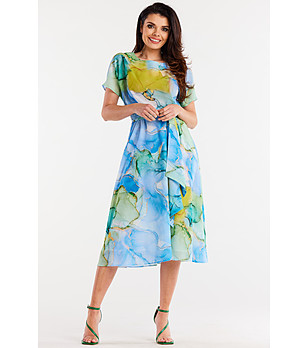 Рокля в синьо и жълто от шифон Dolores снимка