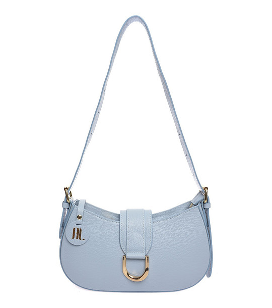 Светлосиня дамска кожена чанта тип багета снимка