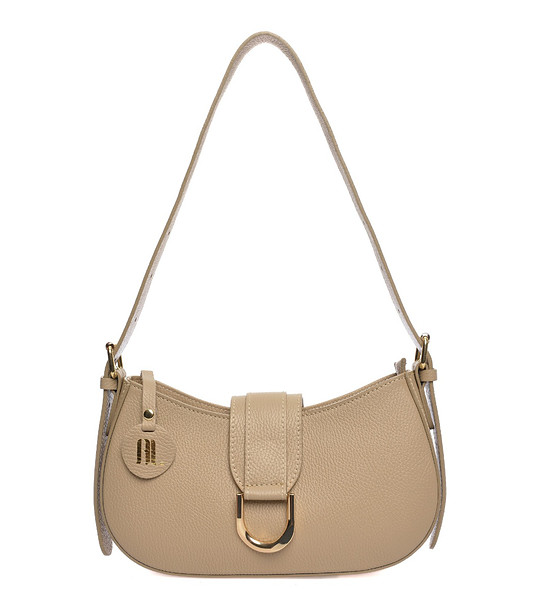 Бежова дамска кожена чанта тип багета снимка