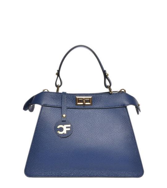 Тъмносиня дамска трапецовидна кожена чанта снимка