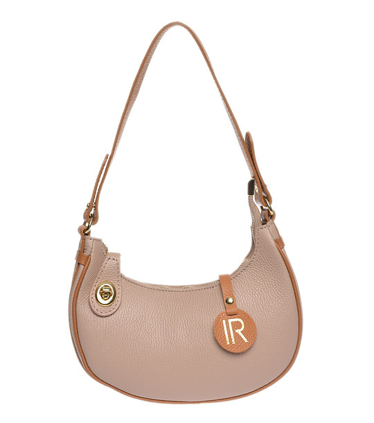 Дамска кожена чанта в цвят пудра  с кафяви кантове снимка