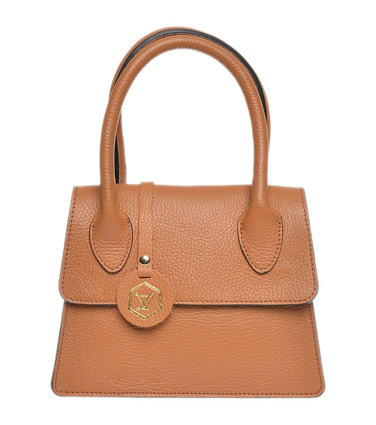 Трапецовидна дамска кожена чанта в цвят коняк Reni снимка