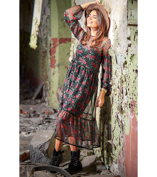 Ефирна черна рокля с принт рози Caren снимка