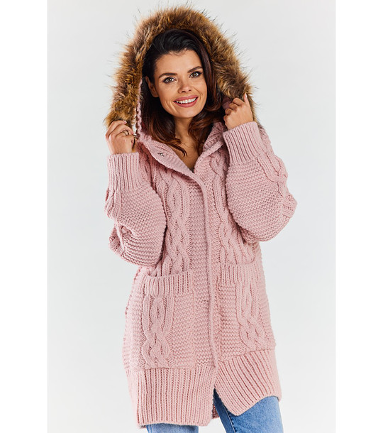 Розова дамска плетена жилетка с качулка с пух Neri снимка