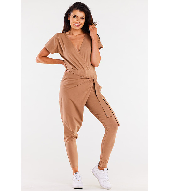 Ефектен бежов дамски памучен гащеризон Galy снимка