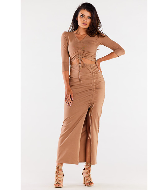 Дълга бежова пола с цепка Xsandra снимка