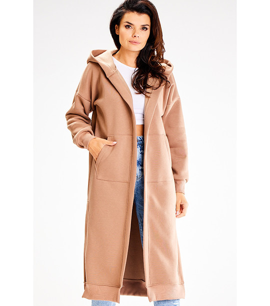 Дълго бежово памучно дамско спортно палто с качулка Beau снимка