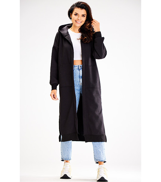 Дълго черно памучно дамско яке с качулка Beau снимка