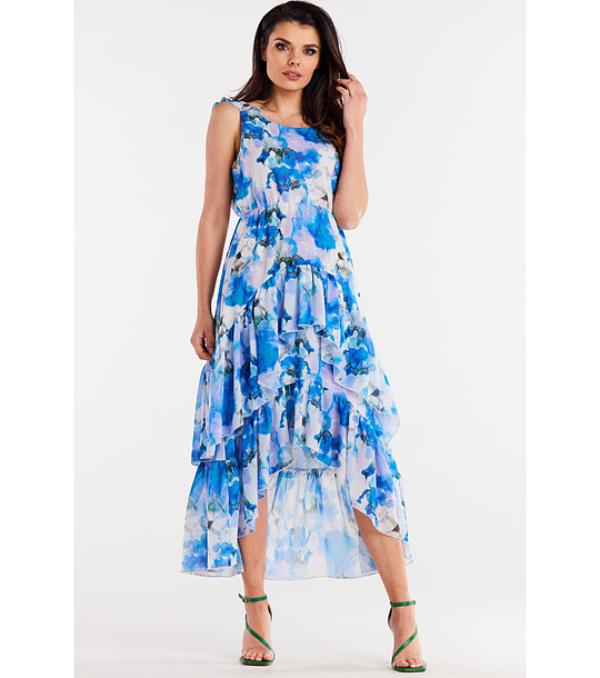 Асиметрична шифонена рокля в бяло и синьо Ofelia снимка