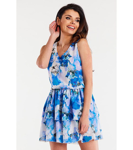 Къса шифонена рокля в бяло и синьо Berta снимка