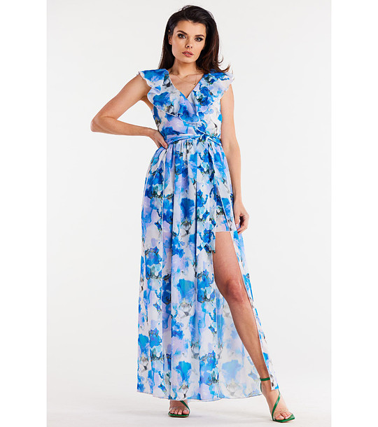 Дълга рокля от шифон в бяло и светлосиньо Elif снимка