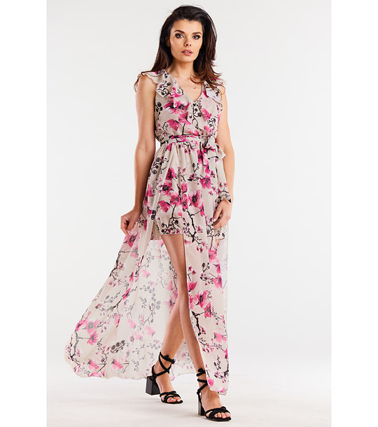 Дълга рокля в принт черешов цвят Elif снимка