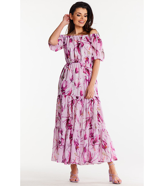 Дълга шифонена рокля в розово с принт магнолии Ohara снимка