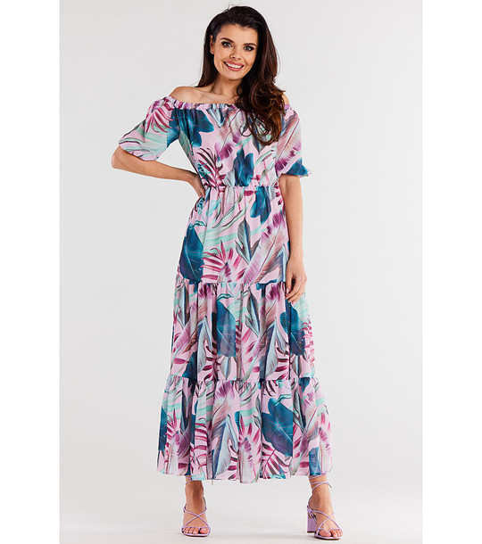 Дълга шифонена рокля в розово и синьо с принт Ohara снимка