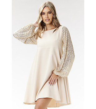 Светлобежова рокля с ръкави с пайети Zana снимка