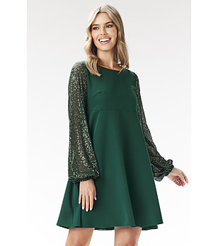 Тъмнозелена рокля с ръкави с пайети Zana снимка