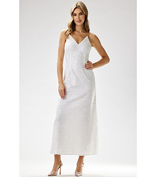 Дълга рокля с пайети и презрамки в бяло Alexandria снимка