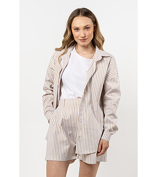 Дамска памучна риза в бежово и бяло на райе Gina снимка