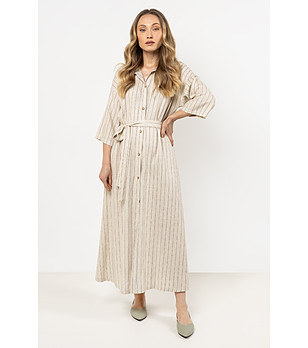 Дълга бежова рокля на райе с копчета Maddelin снимка