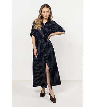 Дълга тъмносиня рокля на райе с копчета Maddelin снимка