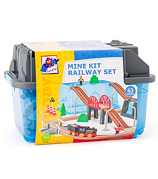 Комплект с дървено влакче  батерия, Мина, 63 части снимка