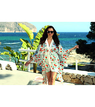 Бял сатенен дамски халат с принт портокали Orange tree снимка