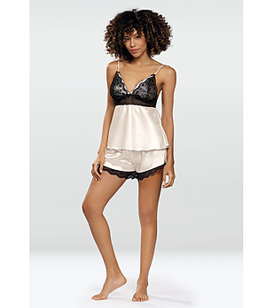 Сатенена дамска пижама в екрю с черна дантела Jasny  снимка