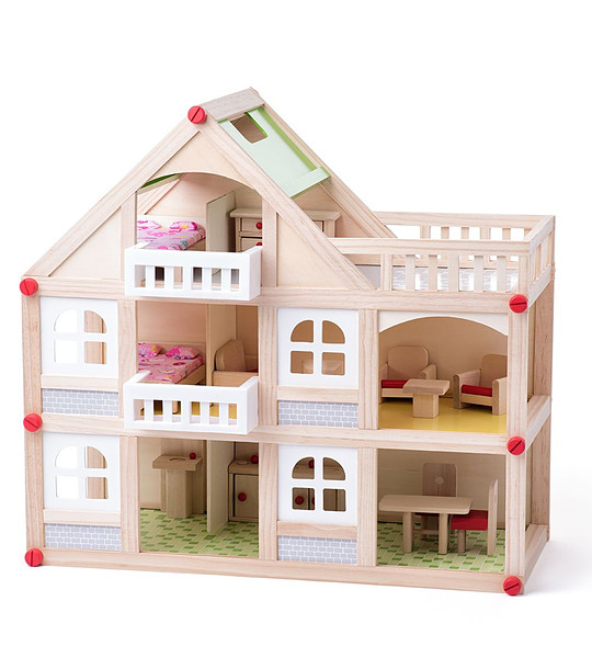 Триетажна дървена къща Комфорт с аксесоари и кукли снимка