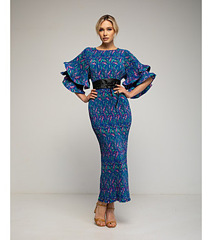 Синя рокля с принт и ефектни ръкави снимка