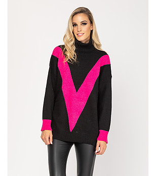 Дамски дълъг пуловер в черно и циклама снимка