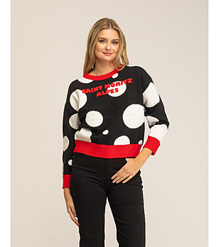 Дамски пуловер в черно, бяло и червено снимка