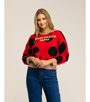 Дамски пуловер в червено, черно и бежово снимка