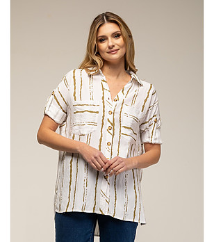 Дамска ленена риза в бяло и кафяво  снимка