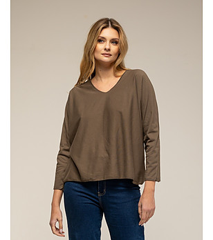 Дамска памучна блуза в кафяво  снимка