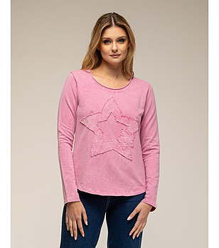 Памучна розова дамска блуза с апликация снимка