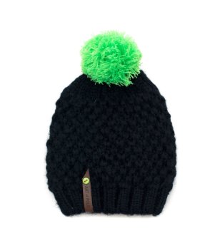 Детска черна  шапка със зелен помпон снимка