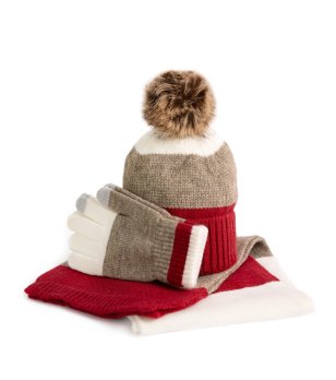 Детски зимен комплект в тъмнобежово, бяло и червено снимка