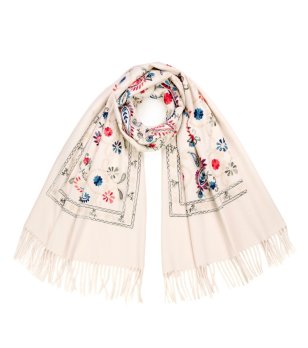 Дамски светлобежов шал с принт и ресни Maia снимка